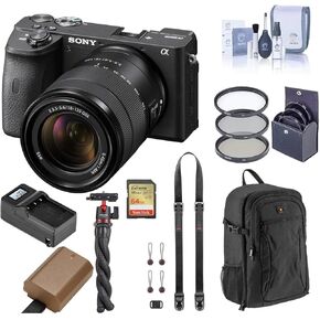 Sony Alpha a6600 Mirrorless Camera with 18-135mm Lens - Bundle with Backpack, 64GB SD Card, Extra Battery, Charger, Strap, Tripod, 55mm Filter Kit, Cleaning Kit