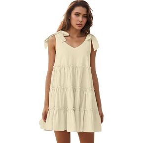 Womens Summer Dresses Flowy Dresses for Women Casual 2024 Beach Dress V Neck Sleeveless Mini Dress Ruffle Sundress
