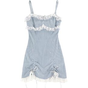 Women Japanese Lolita Sweet Lace Bow Kawaii Party Spaghetti Straps Mini Knitted Dress