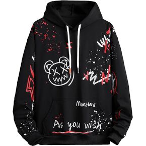 WDIRARA Men's Letter Cartoon Graphic Print Drawstring Hoodie Long Sleeve Sweatshirt with Pocket