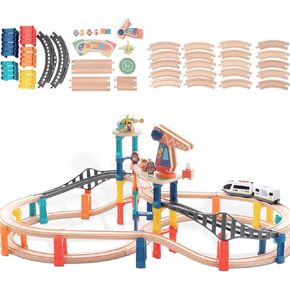 60Pcs Wooden Train Track Set, 203-inch Track Length, Train Bridge Toy Set for Toddlers, Scenario Building Blocks Toddler Toys with Airplane and Magnetic Crane, Birthday Gift Ideas for Boys and Girls
