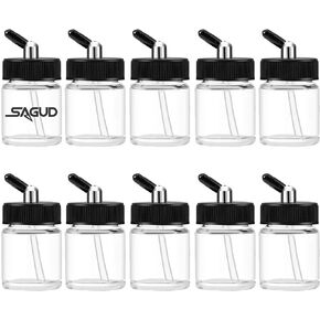 SAGUD 10pcs Glass Airbrush Bottles Kit 18cc (2/3 Ounce) Airbrush jar with 10pcs Adapter Cap Covers Set and 60° Down Angle Adaptor Lid,Fits Single Action Siphon Feed Airbrushes