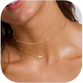 2Pcs Cross Necklace for Women, 14K Gold Filled/Sterling Silver Chain Necklace Simple Satellite Paperclip Choker Necklace Dainty Layered Sideways Cross Necklace Minimalist Trendy Jewelry Gifts