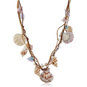 Boho Braided Rattan Shell Pendant necklace Summer Hawaiian Beach Jewelry Shell Conch Pendant Choker Necklace for Women Handmade Wovening Hanging Multilayer Long Chain Friendship Waterproof Jewelry