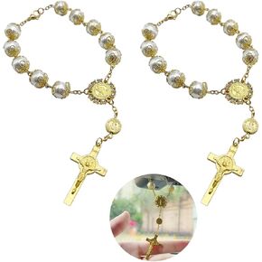 Saint Benedict Car Rosary 2 Pieces Rearview Mirror Auto Rosary Hanging Personalized Car Cross Blessing Catholic Car Medal for Truck Bike Motorcycle Car Mirror Hanging Accessories Decors Gold in Kuwait