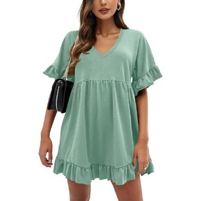 Women's Casual Summer Dress V Neck Loose Fit Ruffle Babydoll Dress Flowy Beach Sundress