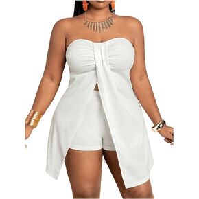 GORGLITTER Women's Plus Size 2 Piece Strapless Outfits Ruched Split Hem Tube Bandeau Top and Biker Shorts Set