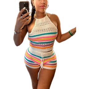 KANSOON Short Sets Women 2 Piece Outfits Knit Hollow Out Halter Backless Crop Top Striped Shorts Tracksuit