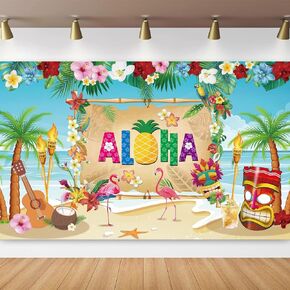 Tropical Hawaiian Themed Aloha Backdrop Banner Photography Background for Summer Sea Beach Flamingo Pineapple Flowers Music Campfire Hawaiian Luau Theme Party Decorations Supplies 70.8*47.2in