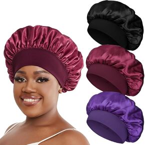 Silk Bonnet Satin Hair Bonnet for Sleeping Women Men Night Cap Sleep Bonnet Hat Hair Cap 3 Pack with Wide Band for Curly Hair