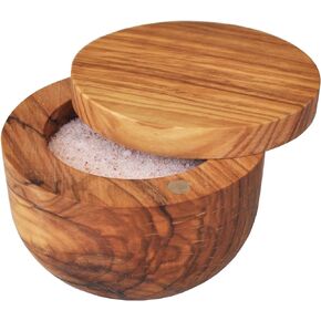 Olive Wood Salt Keeper/Pot/Salt Box with Magnetic Pivoting Lid