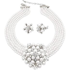 5 Rows Rhinestone Accented Simulated Floral Pearl Cluster Necklace, Clip on Earring 2 Set