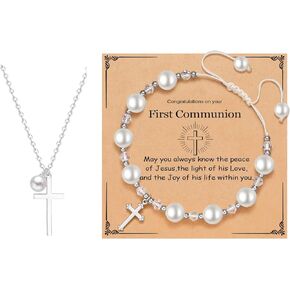 First Communion Gifts Baptism Gifts Cross Pearl Bracelet & Pearl Necklace Set for Girls,Teens,Holy Communion Jewelry Set Gifts for Women,Christian Religion Bracelet for Chrismas,Birthday