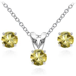 Jewelry Sets for Women, Necklace and Earring Sets for Women, Birthstone Jewelry, Genuine or Synthetic Gem, 5mm Round Solitaire, Pendant Necklace, Short Necklace, Stud Earrings, Sterling Silver Jewelry