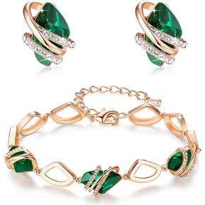 Leafael Wish Stone Stud Earrings and Bracelet Jewelry Set for Women, May Birthstone Emerald Green Crystal Jewelry, Silver Tone Gifts for Women