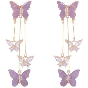 COLORFUL BLING Crystal Butterfly Pendant Necklace,Crystal Tassel Zircon Dangle Earrings Purple Butterfly
