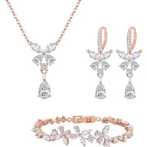 Crysdue Wedding Jewelry for Women Bridal, Cubic Zirconia Flower Shaped Drop Pendant Necklace Lever Back Dangle Earrings Tennis Bracelet Set