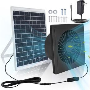 Solar Exhaust Fan for Shed, 25W Solar Panel 8'' Greenhouse Fan Solar Powered, 2600 RPM Powerful Chicken Coop Solar Fan with an AC to DC Power Adapter