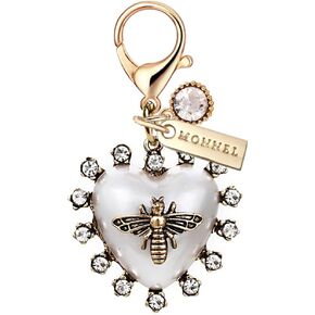 MC437 3D Crystal Love Heart Honey Bee Lobster Clasp Charm for Women Girls with Velvet Bag (White and Bronze,1 Piece)