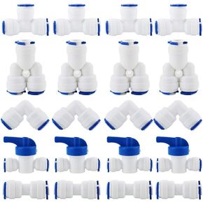 RO Water Systems Connector, OD Quick 1/4" quick connector, Push In to Connect Water Tube Fitting Set Pack of 20(Y+T+I+L Type Combo + Ball Valve)