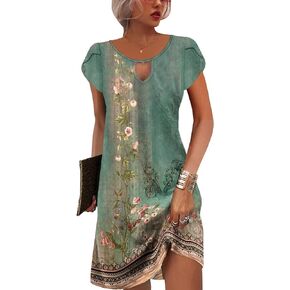 ETCYY NEW 2024 Petal Short Sleeve Summer Dresses for Women Boho Floral Print Sundresses Swing Beach Dress