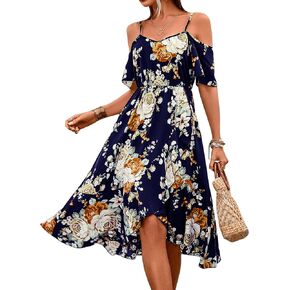 Floerns Women's Floral Print Cold Shoulder Short Sleeve Wrap Hem A Line Midi Dress