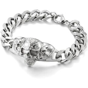 COOLSTEELANDBEYOND Skull Bracelet, Stainless Steel Curb Chain for Mens, Silver Color Polished Gothic Punk Biker