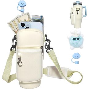 Water Bottle Carrier Bag with Phone Pocket for Stanley 40 oz Tumbler with Handle, Water Bottle Holder Pouch Accessories with Adjustable Strap Bollus & Straw Cover & Plush Pendant