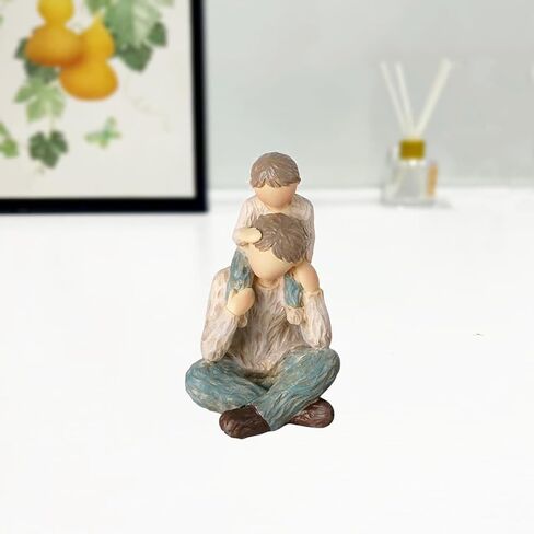 Son Sitting on Father Shoulders Warmth Wood Sculpted Hand Painted Figurines Ornament in Saudi Arabia