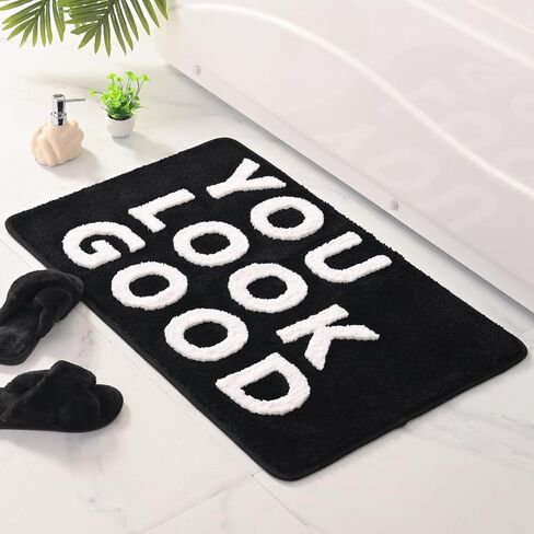 QJHOMO You Look Good Bath Mat Cute Black and White Bathroom Rugs Funny Bath Rug, Non Slip Shower Mat Cool Home Decor, Soft Microfiber Floor Carpet Washable, Super Absorbent Bathmat (22x32 inch) in Saudi Arabia