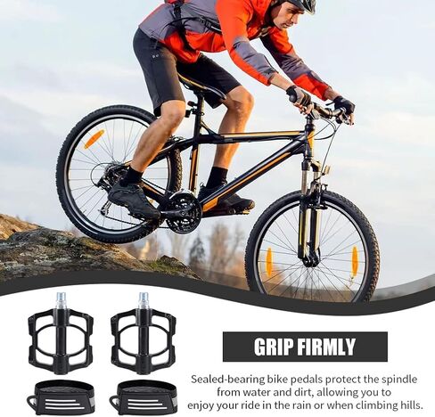 Mountain Bike Pedals and 2pcs Mountain Bike Belt, with Foot Belt, Non-Slip Lightweight Nylon Fiber Bicycle Platform Pedals, Grip Firmly Adjustable Machined Removable Back Pedal in Saudi Arabia