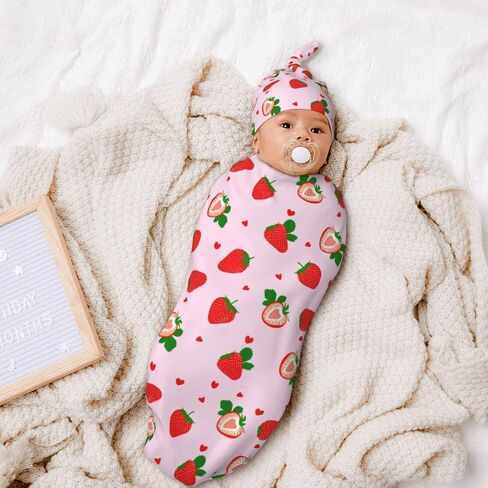Swaddle Blanket Strawberry Baby Stuff Newborn Baby Swaddling Blanket Sleep Sack with Beanie Hat Sets Gifts for Boys Girls Infant and Baby Shower Unisex in Kuwait