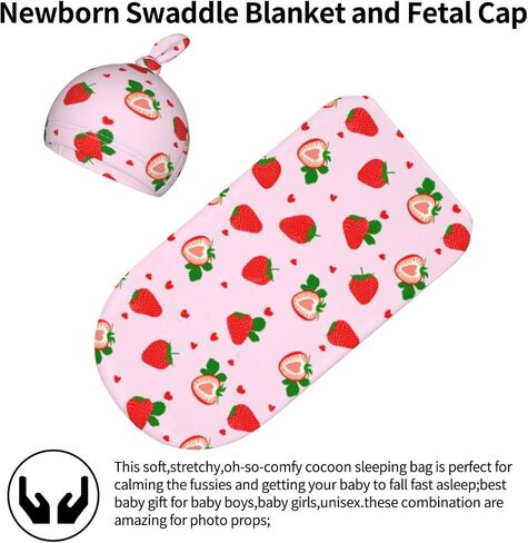 Swaddle Blanket Strawberry Baby Stuff Newborn Baby Swaddling Blanket Sleep Sack with Beanie Hat Sets Gifts for Boys Girls Infant and Baby Shower Unisex in Kuwait