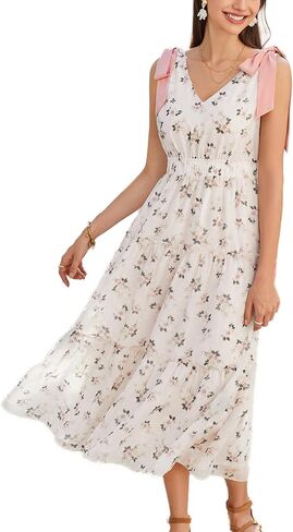 GRACE KARIN Floral Dress for Women Summer Casual Flowy Long V Neck Sundress Sleeveless Tiered Beach Wedding Guest Dress Bow in Saudi Arabia