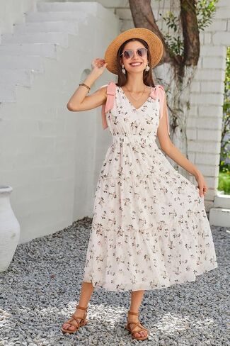 GRACE KARIN Floral Dress for Women Summer Casual Flowy Long V Neck Sundress Sleeveless Tiered Beach Wedding Guest Dress Bow in Saudi Arabia