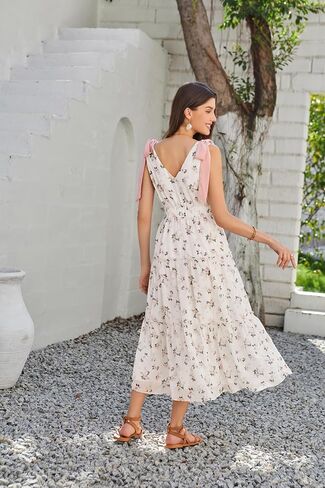 GRACE KARIN Floral Dress for Women Summer Casual Flowy Long V Neck Sundress Sleeveless Tiered Beach Wedding Guest Dress Bow in Saudi Arabia