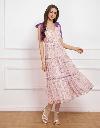 GRACE KARIN Floral Dress for Women Summer Casual Flowy Long V Neck Sundress Sleeveless Tiered Beach Wedding Guest Dress Bow in Saudi Arabia
