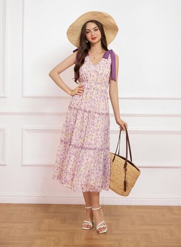GRACE KARIN Floral Dress for Women Summer Casual Flowy Long V Neck Sundress Sleeveless Tiered Beach Wedding Guest Dress Bow in Saudi Arabia