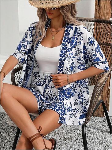 Floerns Women's Plus Size 2 Piece Outfits Floral Print Kimono Blouse with Shorts Set in Saudi Arabia