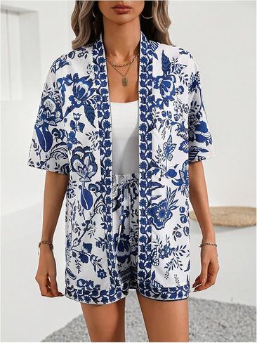 Floerns Women's Plus Size 2 Piece Outfits Floral Print Kimono Blouse with Shorts Set in Saudi Arabia
