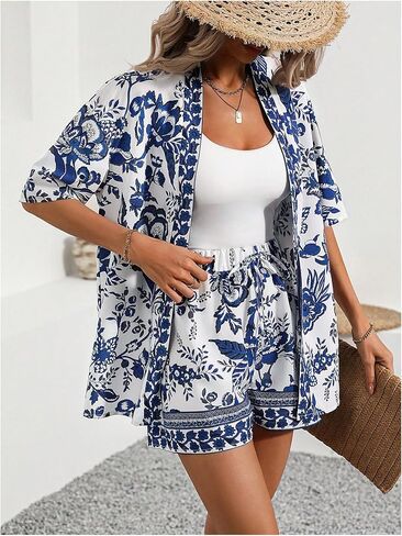 Floerns Women's Plus Size 2 Piece Outfits Floral Print Kimono Blouse with Shorts Set in Saudi Arabia