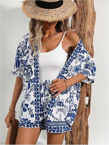 Floerns Women's Plus Size 2 Piece Outfits Floral Print Kimono Blouse with Shorts Set in Saudi Arabia