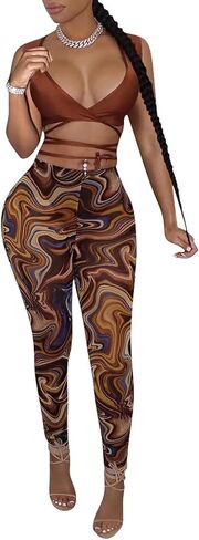 ملابس مثيرة مكونة من قطعتين للنساء للنوادي الليلية وأكمام طويلة وأربطة علوية قصيرة ومجموعات بناطيل شبكية in Kuwait