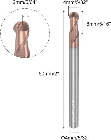 uxcell 2pcs Ball Nose End Mills CNC Router Bits, 2mm (5/64") Radius Solid Carbide TiSin Coated 2 Flutes HRC55 4mm (5/32") Diameter 4mm (5/32") Shank Cutter Milling Tools in Saudi Arabia