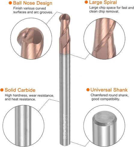 uxcell 2pcs Ball Nose End Mills CNC Router Bits, 2mm (5/64") Radius Solid Carbide TiSin Coated 2 Flutes HRC55 4mm (5/32") Diameter 4mm (5/32") Shank Cutter Milling Tools in Saudi Arabia
