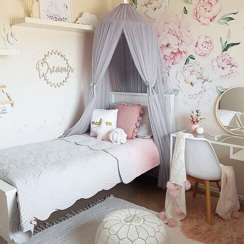 Mosquitos Net Bed Canopy for Girls, Round Dome Hanging Mosquitos Net Summer for Home Travel for Baby Kid Bedroom, Elegent Princess Mesh Bed Netting Canopy (Pink) (Gray) in Saudi Arabia