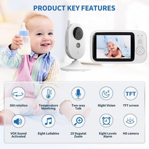جهاز مراقبة الطفل مع كاميرا وفيديو صوتي، جهاز مراقبة الطفل بدون واي فاي 3.2 بوصة مع دوران إمالة، وضع VOX، رؤية ليلية، محادثة ثنائية الاتجاه، تذكير للتغذية، درجة الحرارة، تهويدة، نطاق 1000 قدم in Kuwait