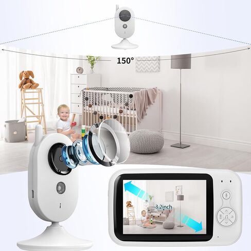 جهاز مراقبة الطفل مع كاميرا وفيديو صوتي، جهاز مراقبة الطفل بدون واي فاي 3.2 بوصة مع دوران إمالة، وضع VOX، رؤية ليلية، محادثة ثنائية الاتجاه، تذكير للتغذية، درجة الحرارة، تهويدة، نطاق 1000 قدم in Kuwait