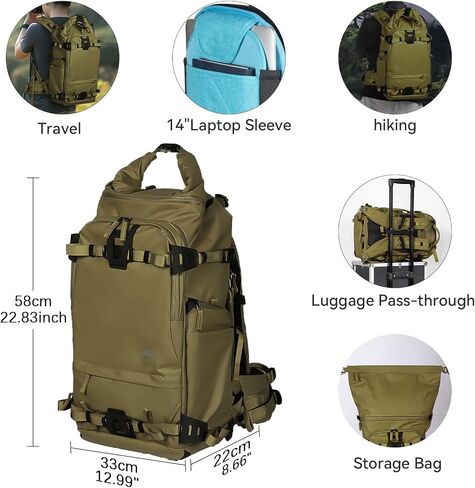 Tenzing 30L Water Resistant Large Travel Camera Backpack 14 inch Laptop Compartment with Rain Cover Fits DSLR, DSLR Cameras, Drone, Lenses,Tripod Brown in Saudi Arabia