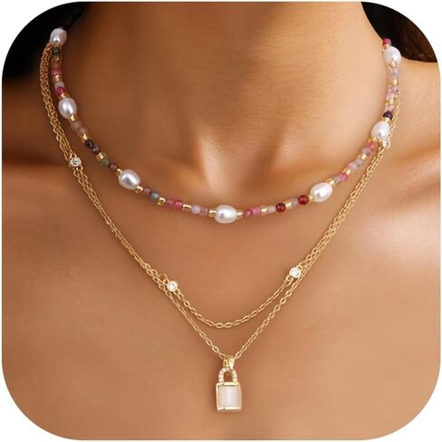 Sanfenly Colorful Beaded Necklace, 18k Gold Plated Boho Layered Pearl Bead Necklace Handmade Beach Summer Surfer Women's Choker Necklaces Shell Flower Heart Trendy Cute Long Necklaces For Women Teen Girls Jewelry Gift in Saudi Arabia